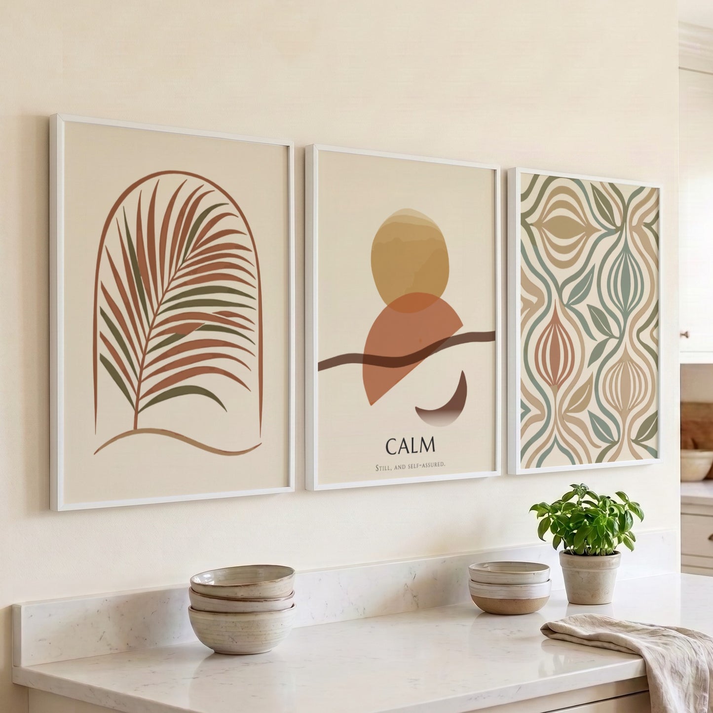Poster triptych featuring calm boho abstract shapes and palm leaves in earthy tones.