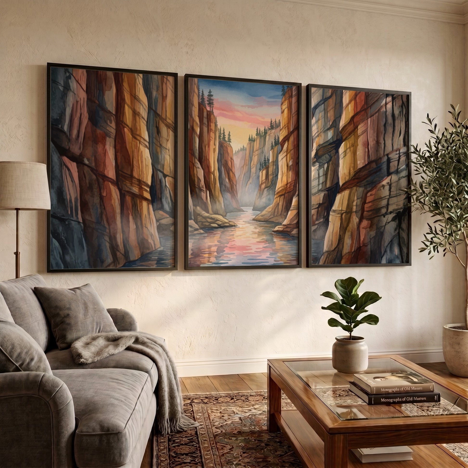Three vertical watercolour panels depicting a canyon river landscape under a sunset sky