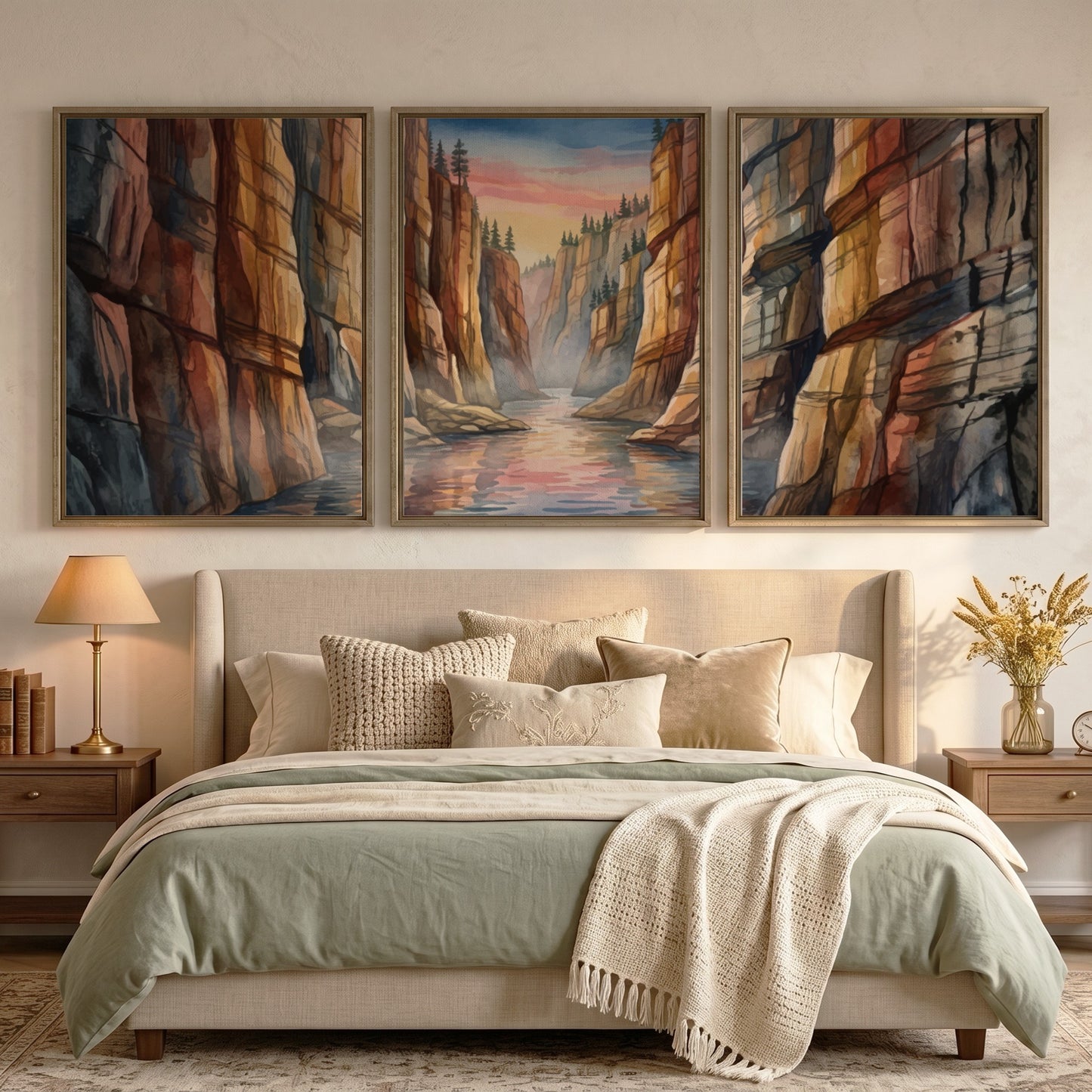 Three vertical watercolour panels depicting a canyon river landscape under a sunset sky