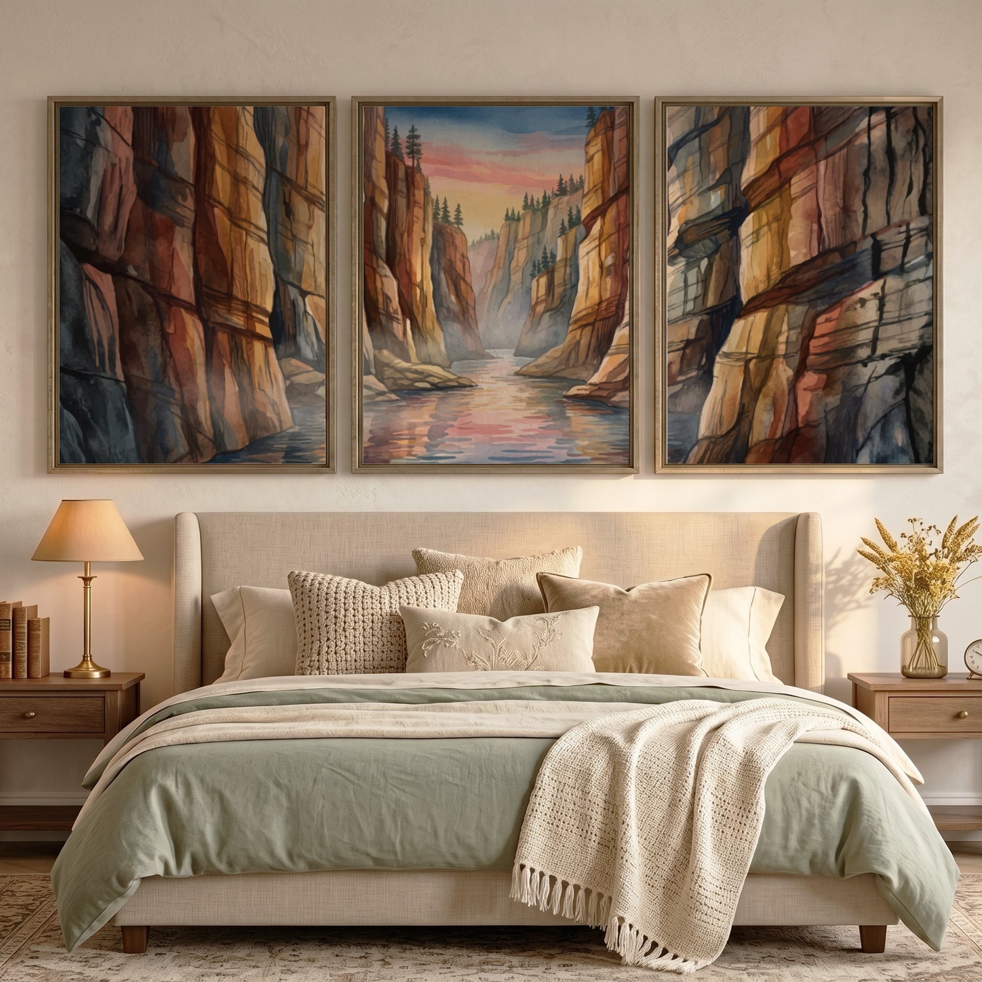 Three vertical watercolour panels depicting a canyon river landscape under a sunset sky