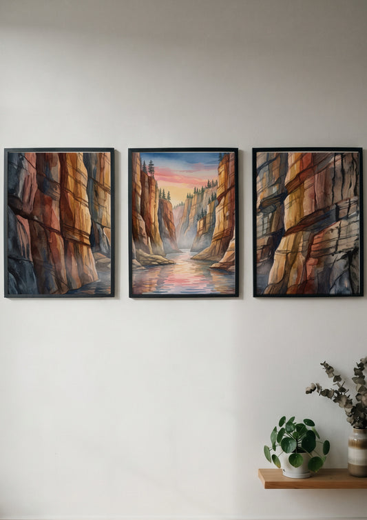 Three vertical watercolour panels depicting a canyon river landscape under a sunset sky