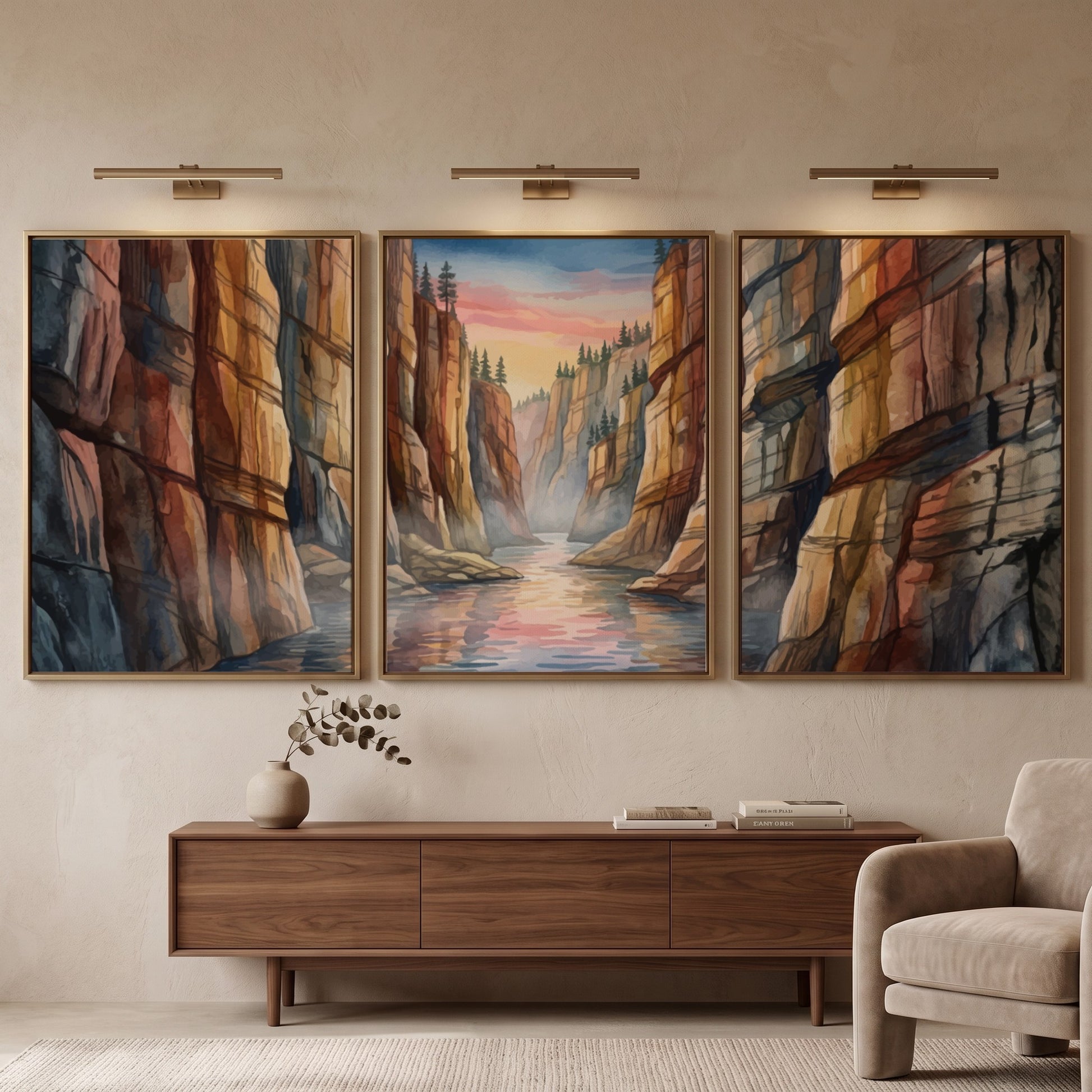 Three vertical watercolour panels depicting a canyon river landscape under a sunset sky