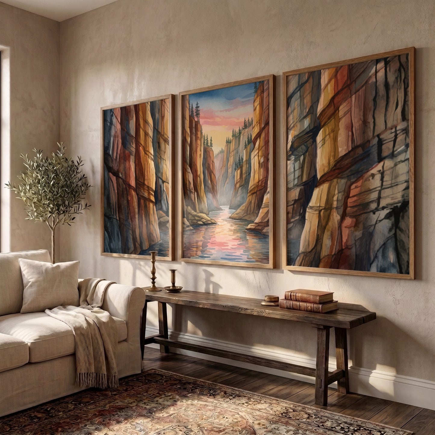 Three vertical watercolour panels depicting a canyon river landscape under a sunset sky