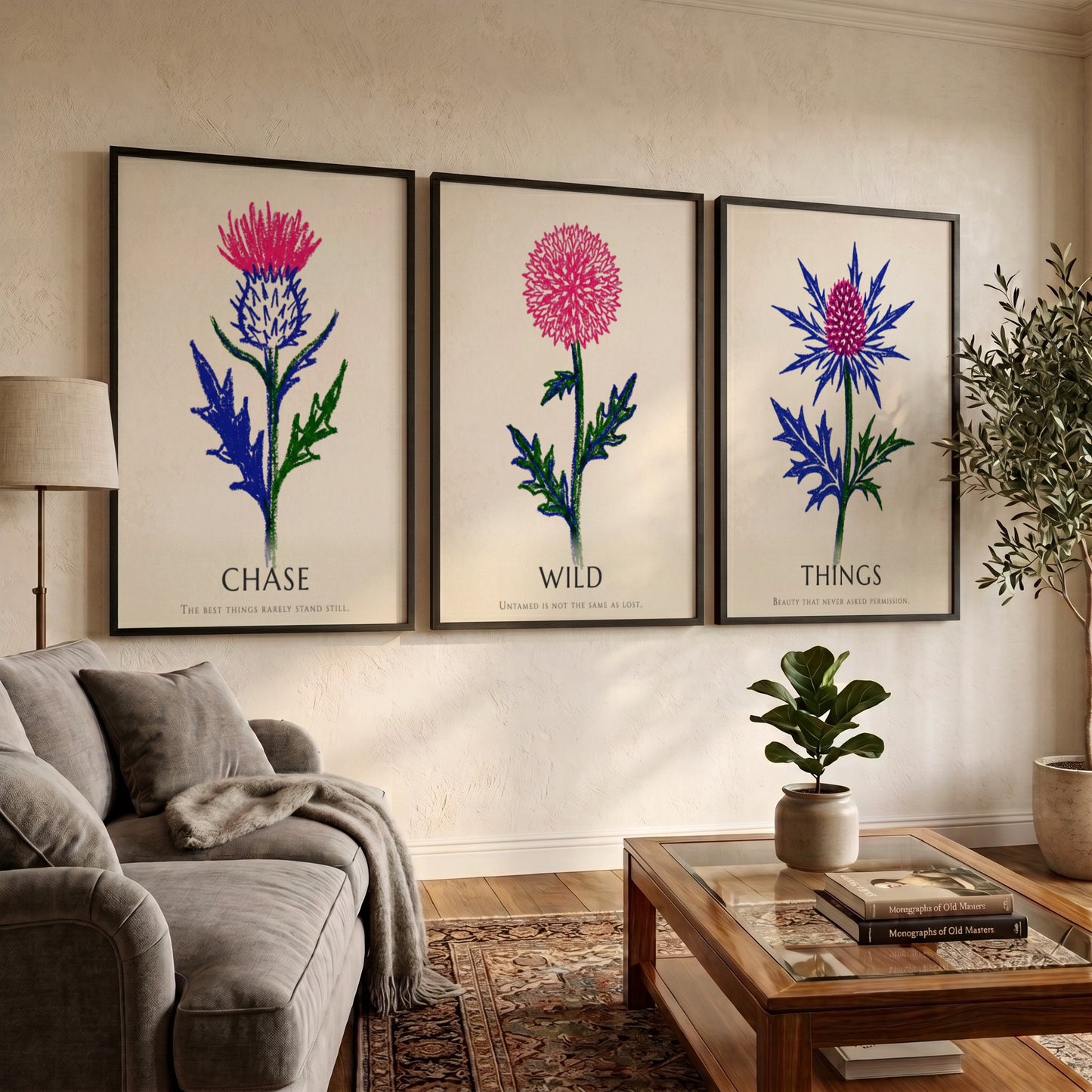 Poster set featuring Things Wild Chase text with vibrant pink and blue thistles