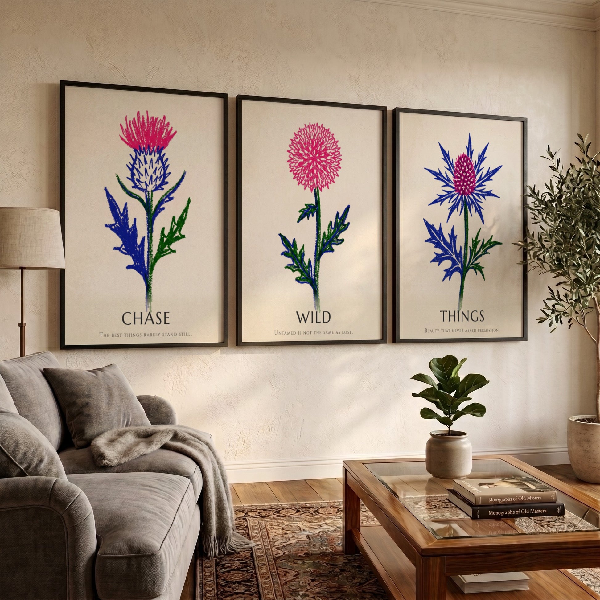 Poster set featuring Things Wild Chase text with vibrant pink and blue thistles