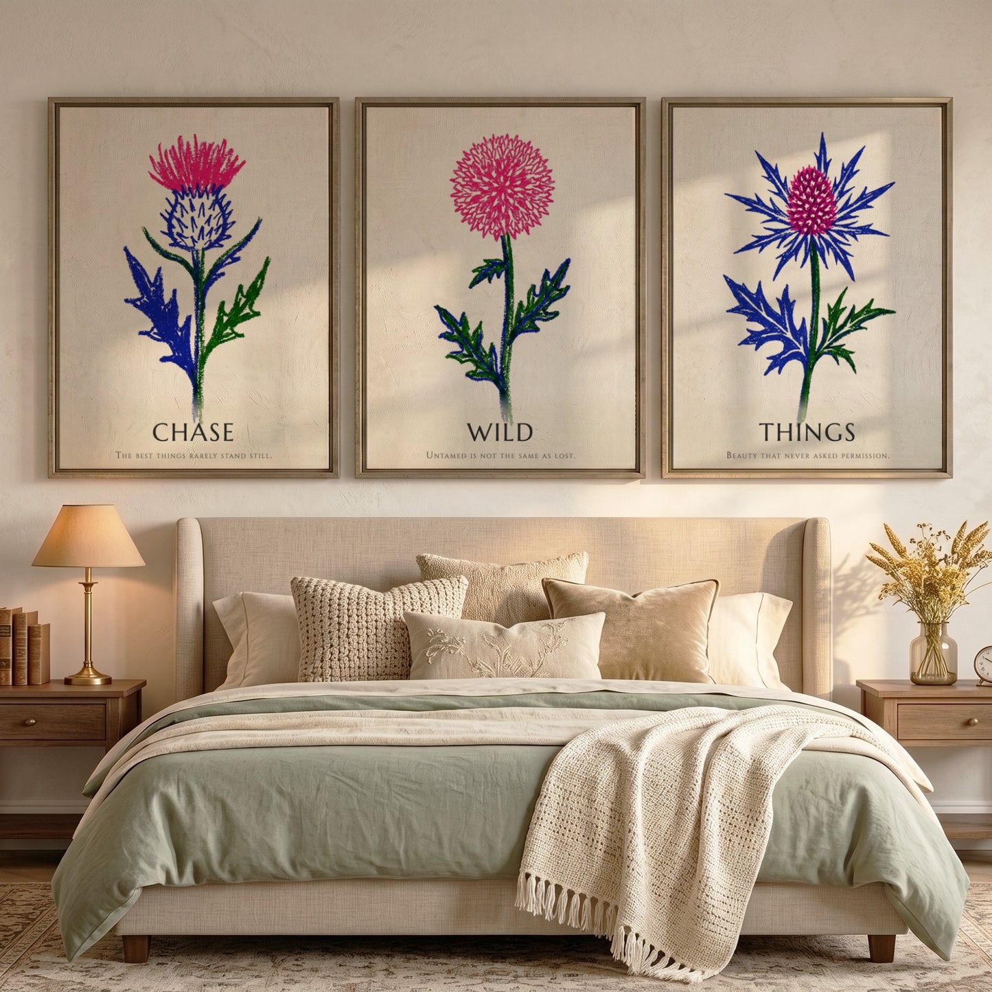 Poster set featuring Things Wild Chase text with vibrant pink and blue thistles