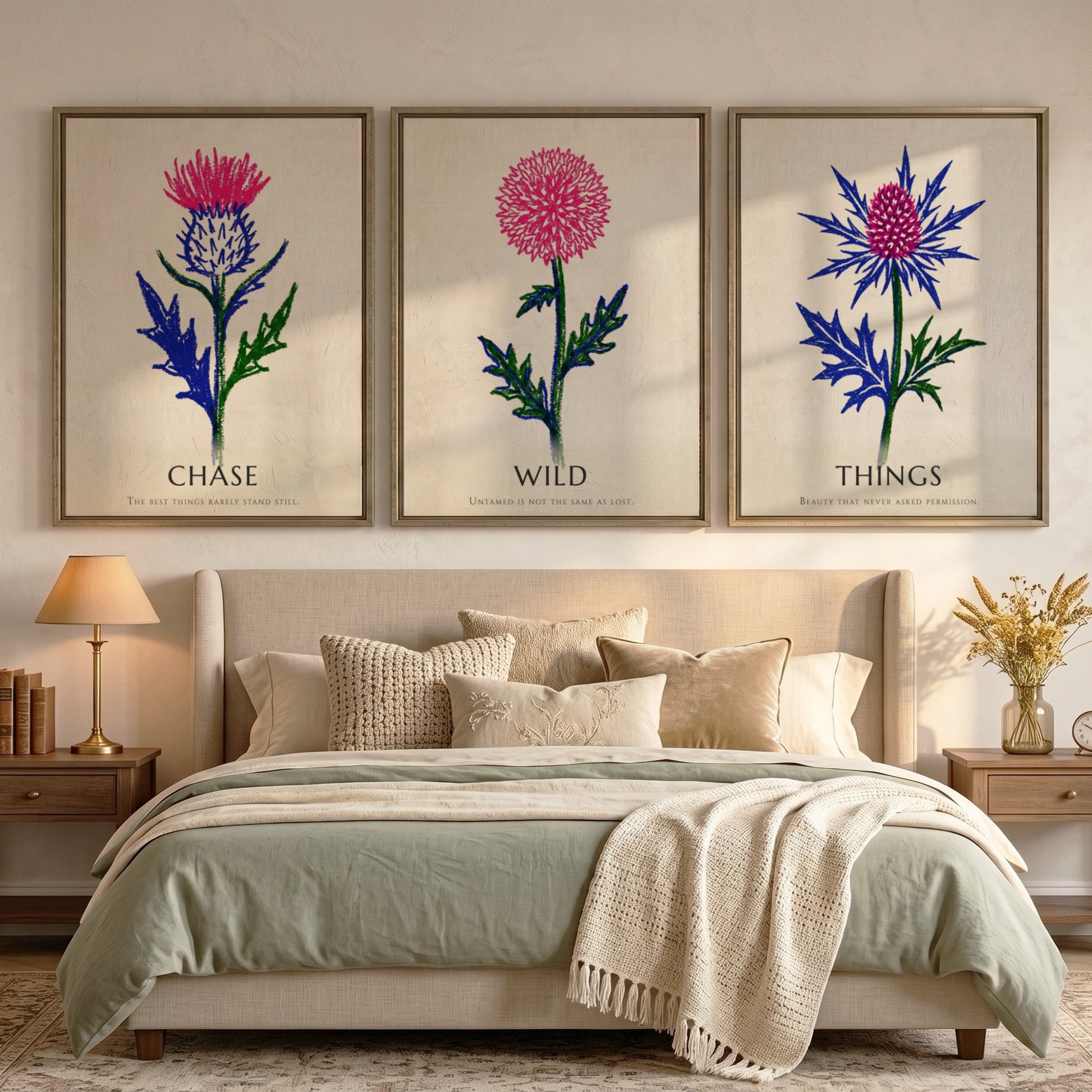 Poster set featuring Things Wild Chase text with vibrant pink and blue thistles