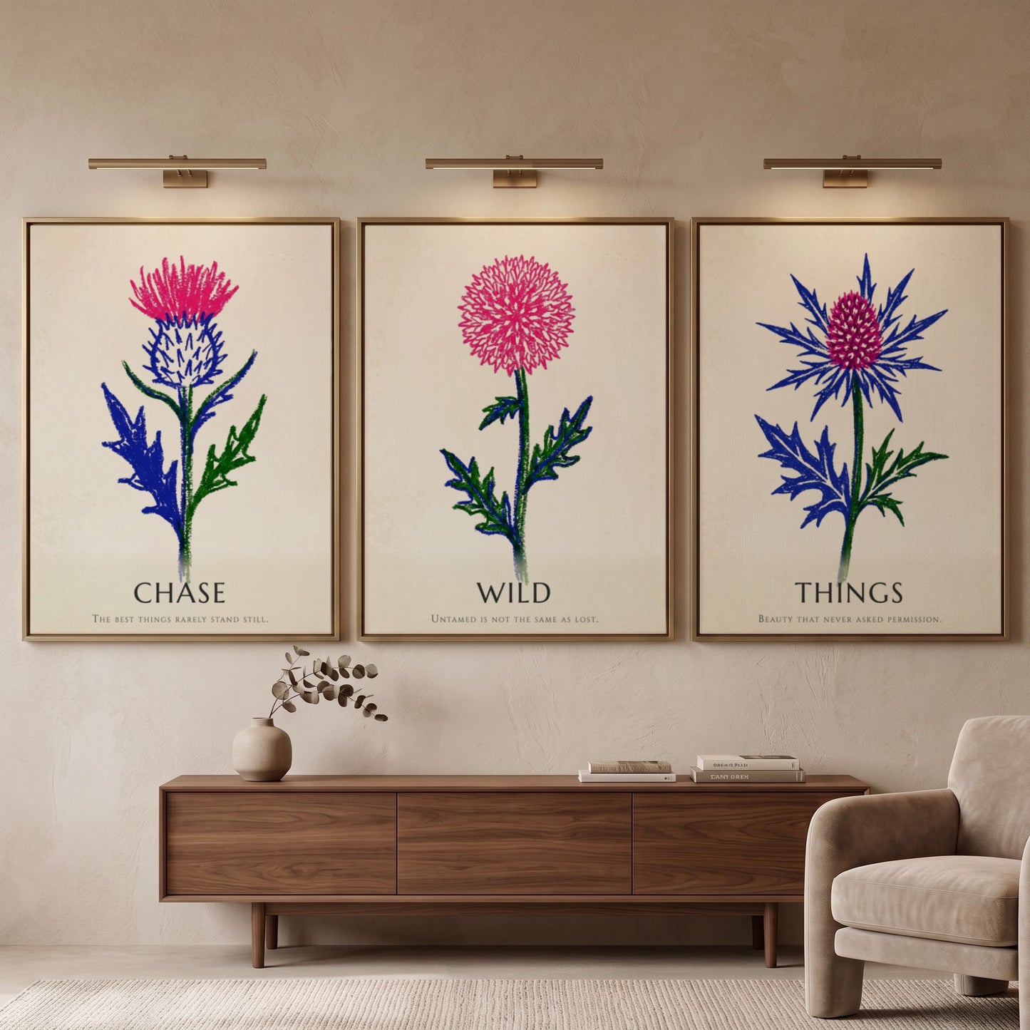 Poster set featuring Things Wild Chase text with vibrant pink and blue thistles