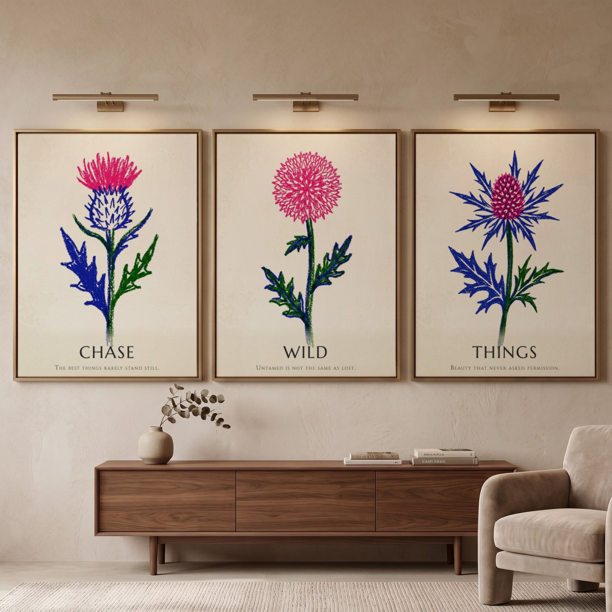 Poster set featuring Things Wild Chase text with vibrant pink and blue thistles