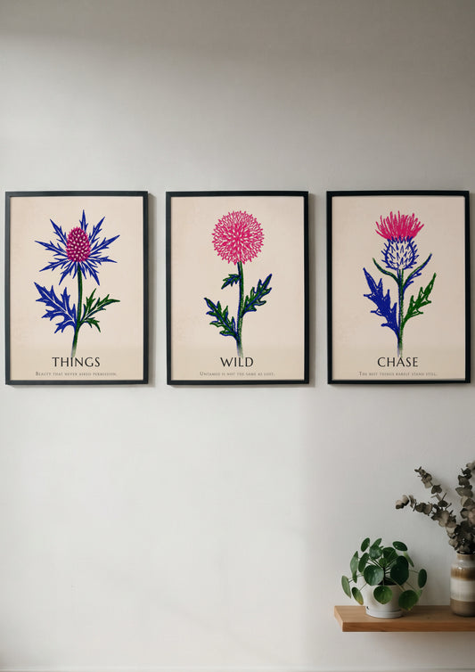 Poster set featuring Things Wild Chase text with vibrant pink and blue thistles