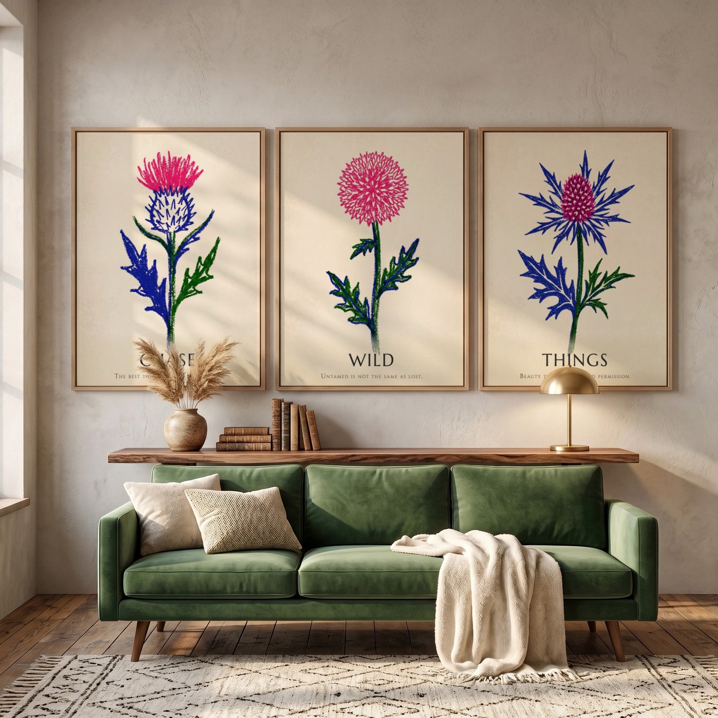 Poster set featuring Things Wild Chase text with vibrant pink and blue thistles