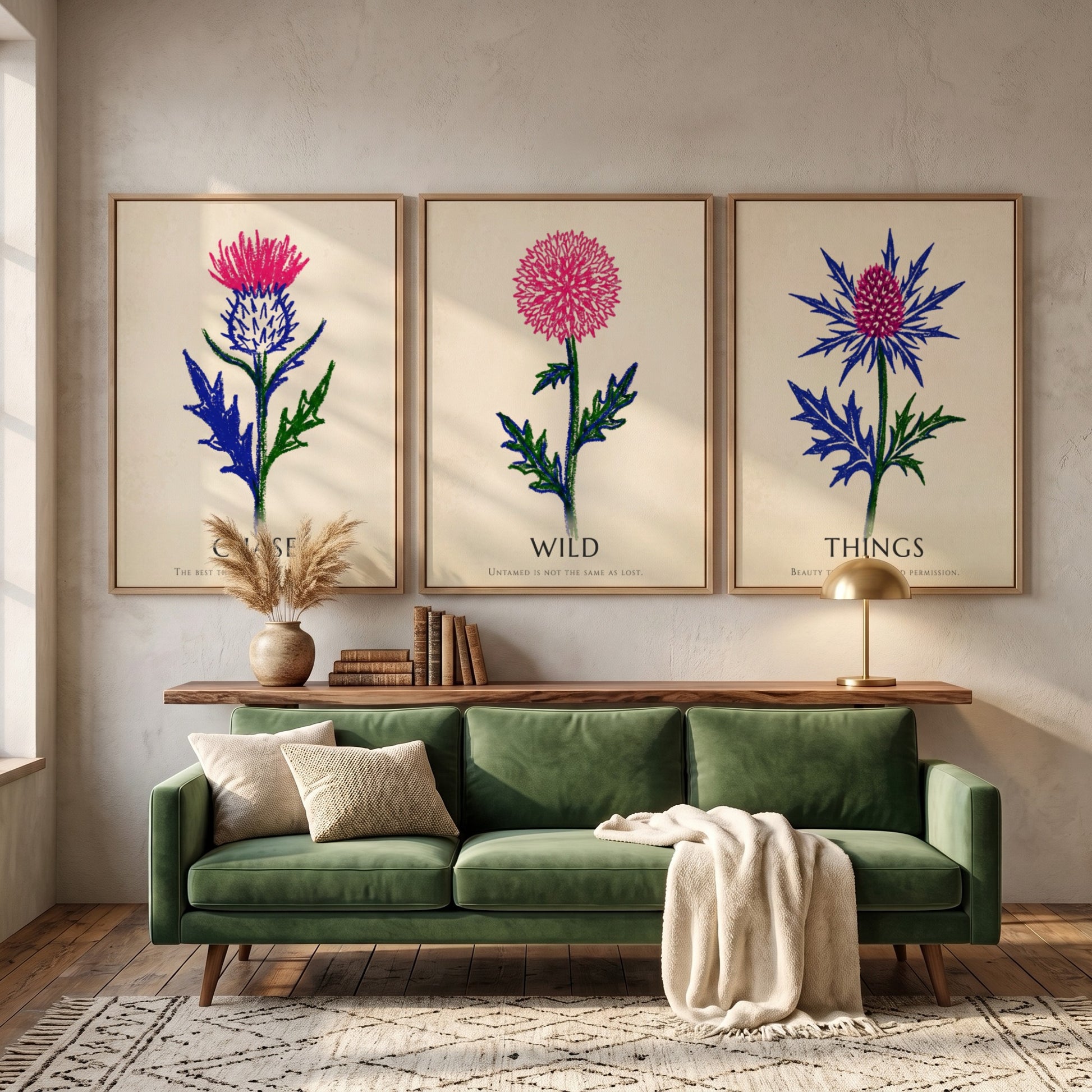 Poster set featuring Things Wild Chase text with vibrant pink and blue thistles