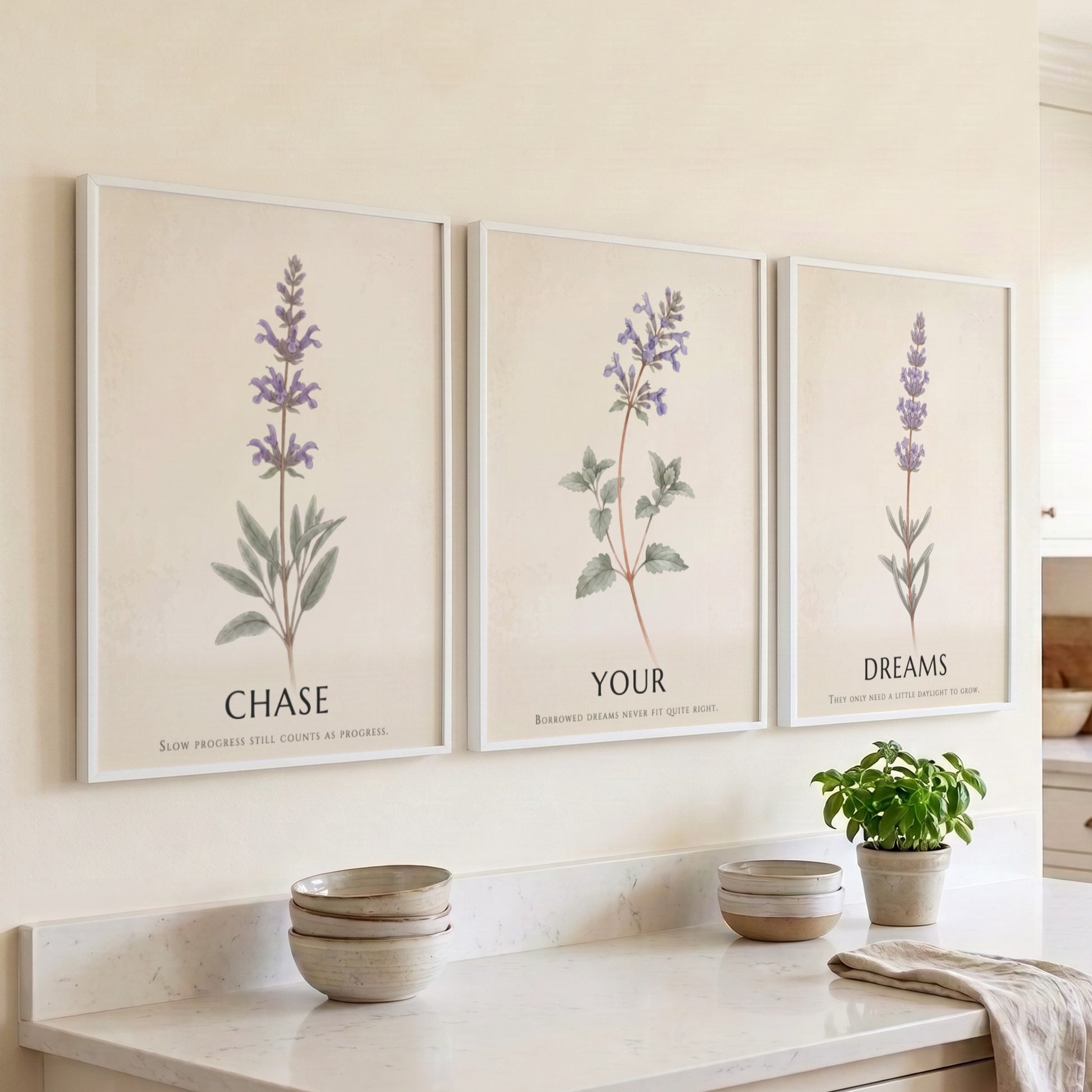 Poster set showing three lavender and herb sprigs with typography on parchment backgrounds.