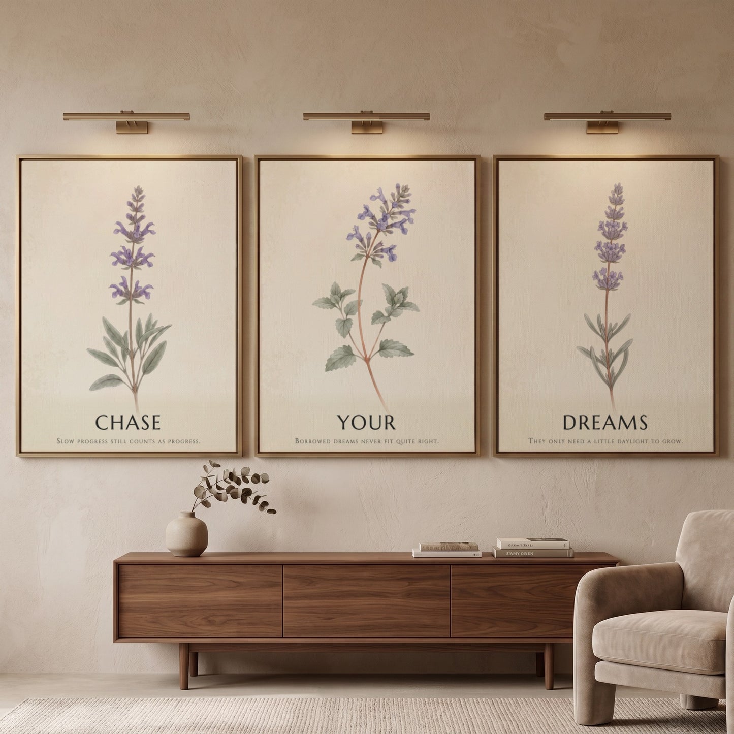 Poster set showing three lavender and herb sprigs with typography on parchment backgrounds.