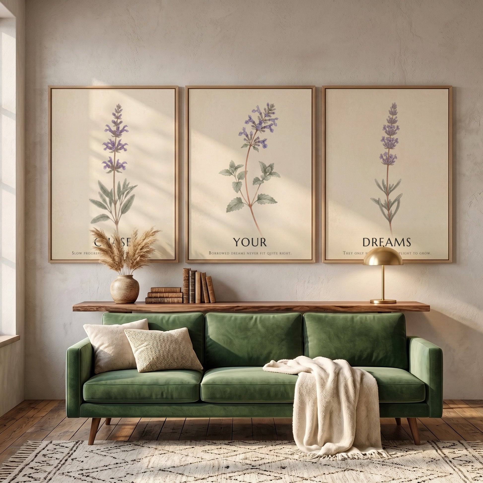 Poster set showing three lavender and herb sprigs with typography on parchment backgrounds.