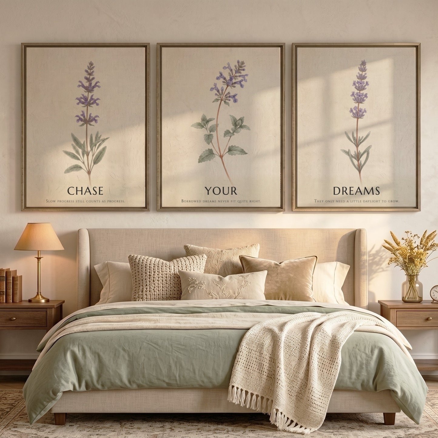 Poster set showing three lavender and herb sprigs with typography on parchment backgrounds.