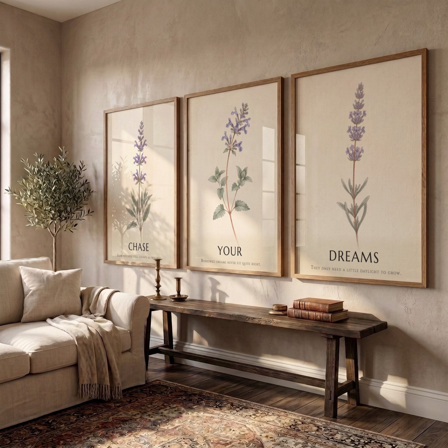 Poster set showing three lavender and herb sprigs with typography on parchment backgrounds.