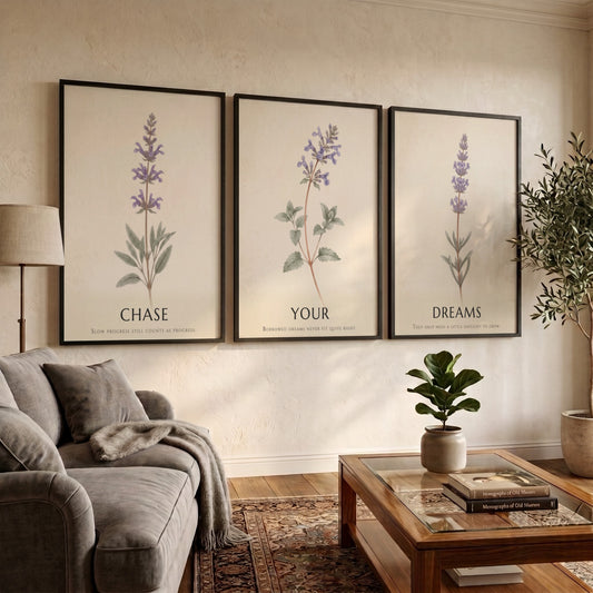 Poster set showing three lavender and herb sprigs with typography on parchment backgrounds.
