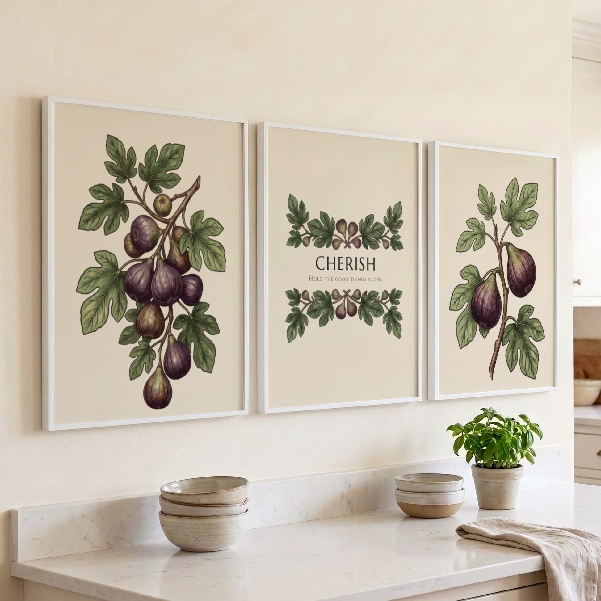 Poster set featuring purple figs and green leaves with the word Cherish displayed centrally.