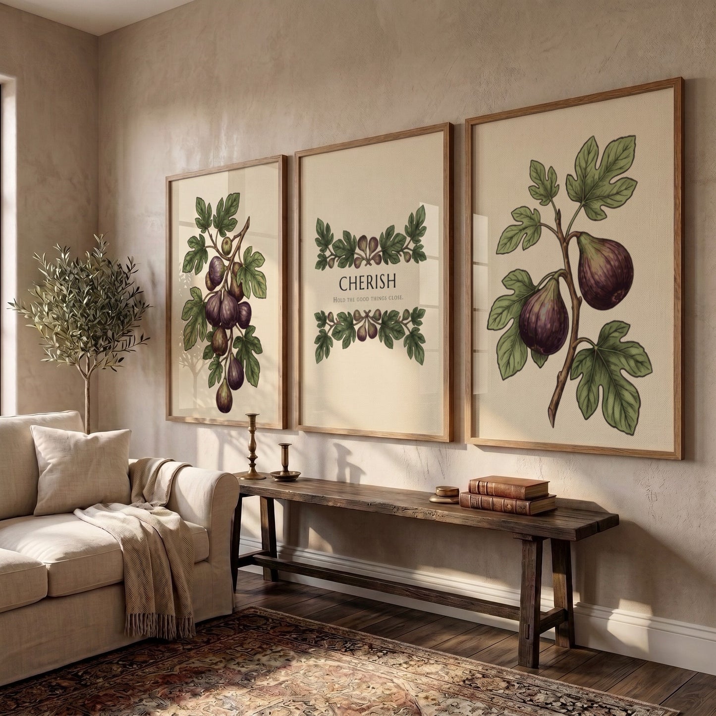 Poster set featuring purple figs and green leaves with the word Cherish displayed centrally.