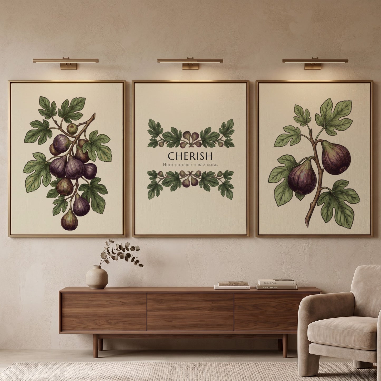 Poster set featuring purple figs and green leaves with the word Cherish displayed centrally.