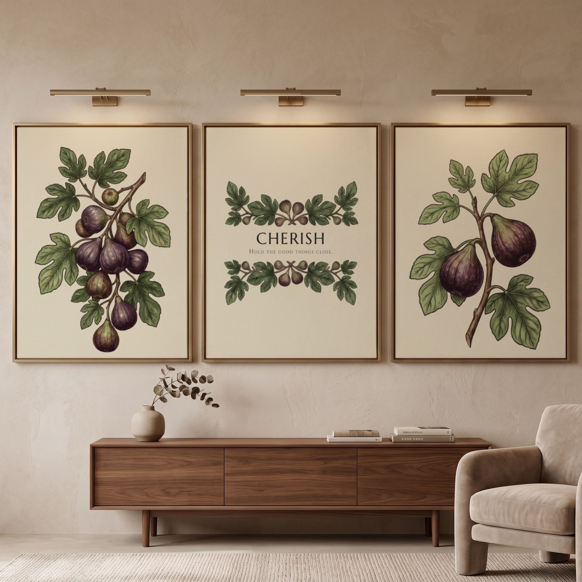 Poster set featuring purple figs and green leaves with the word Cherish displayed centrally.