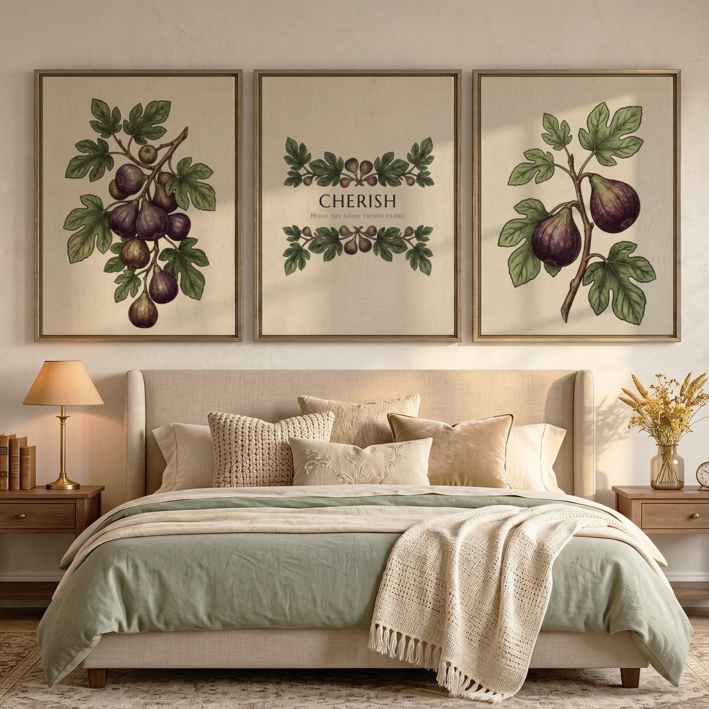 Poster set featuring purple figs and green leaves with the word Cherish displayed centrally.