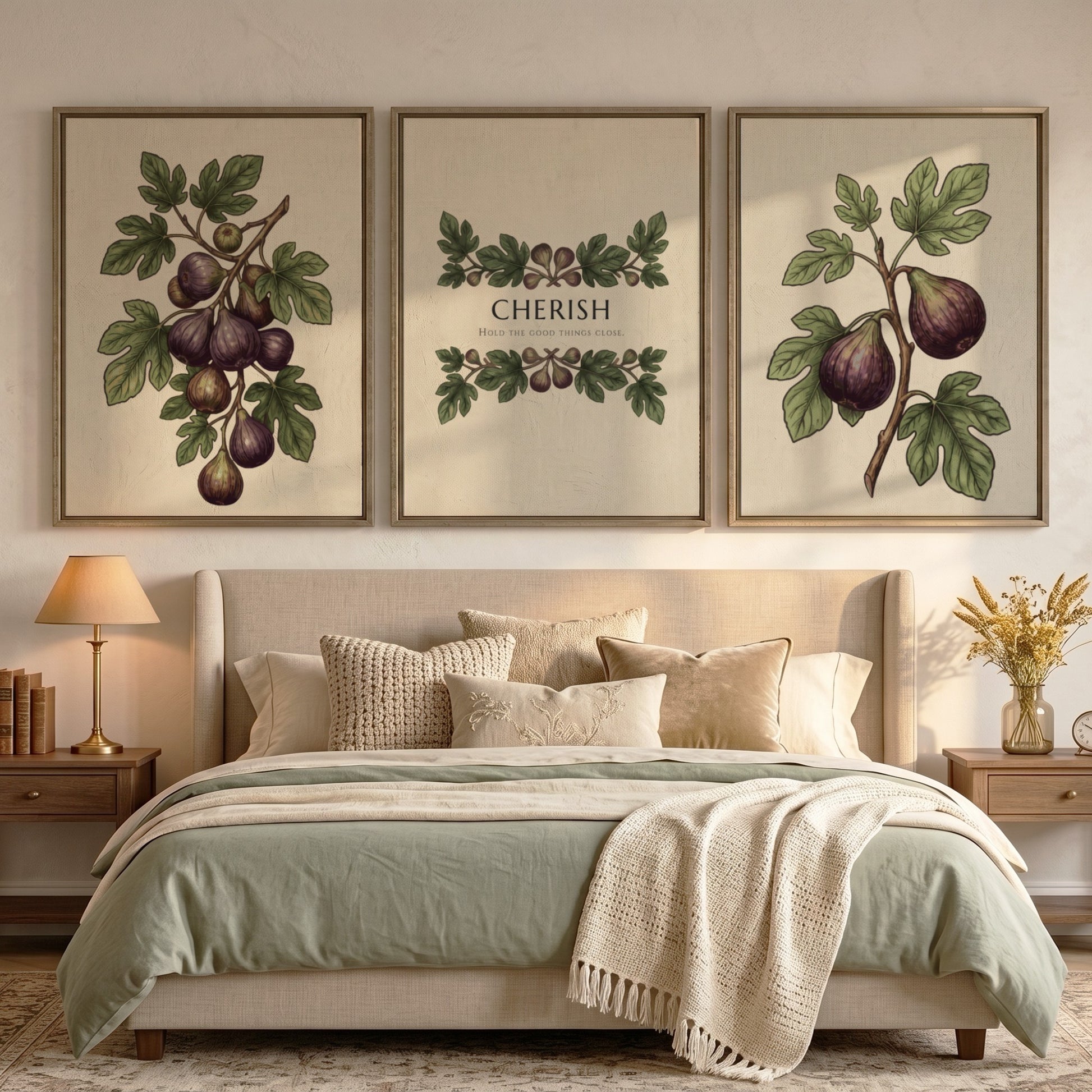 Poster set featuring purple figs and green leaves with the word Cherish displayed centrally.