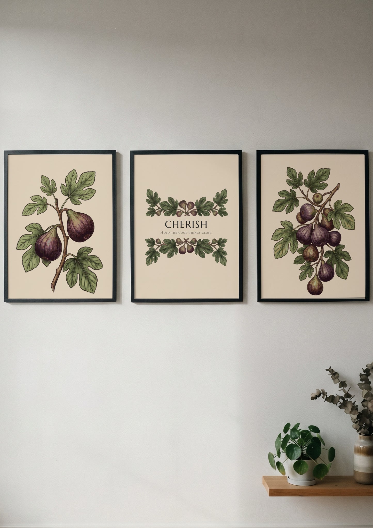 Poster set featuring purple figs and green leaves with the word Cherish displayed centrally.