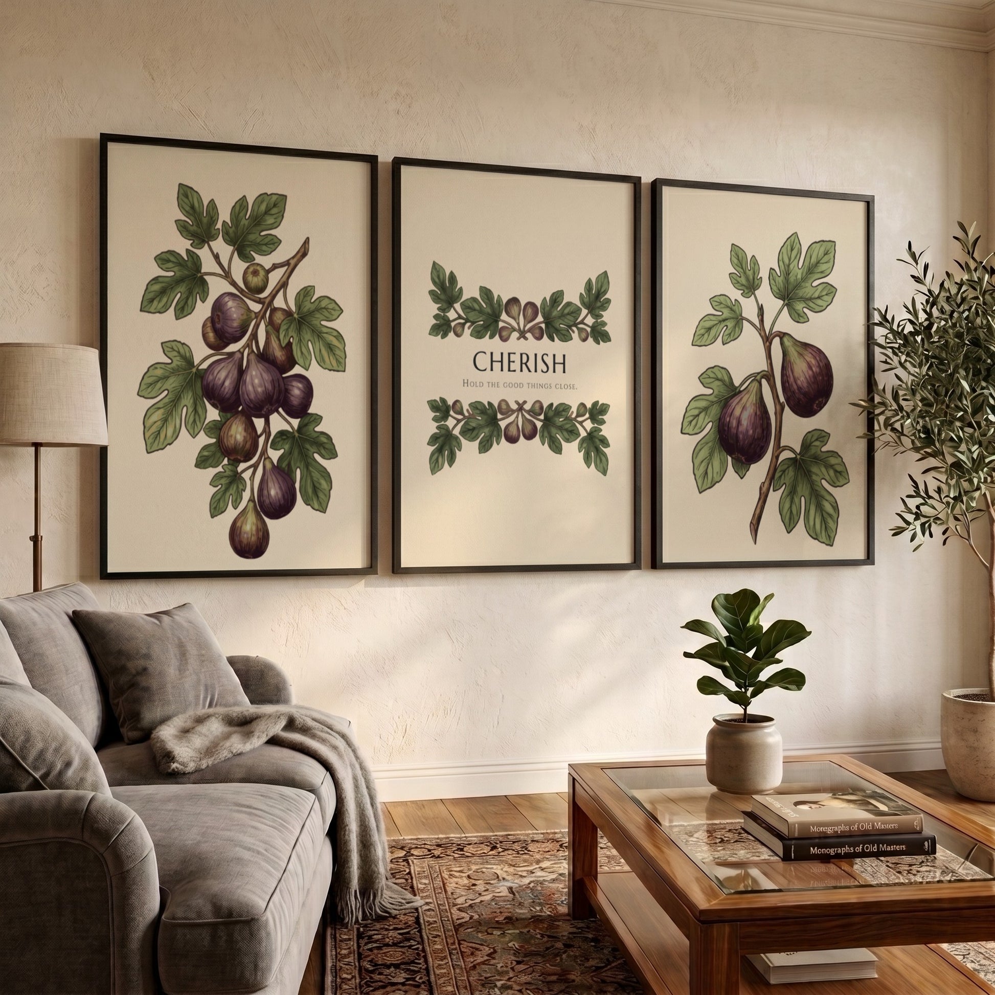 Poster set featuring purple figs and green leaves with the word Cherish displayed centrally.