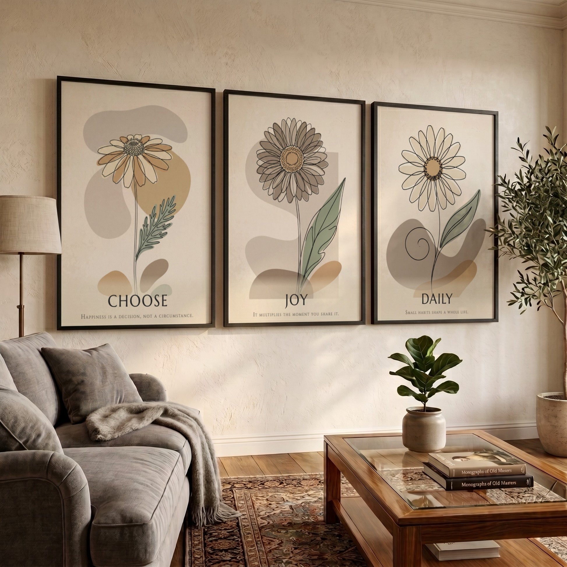 Poster set featuring three floral botanical illustrations with Choose Joy Daily text overlays
