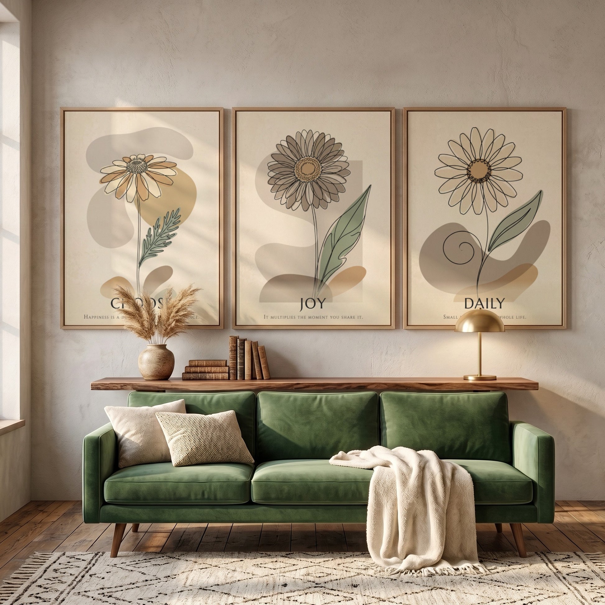 Poster set featuring three floral botanical illustrations with Choose Joy Daily text overlays