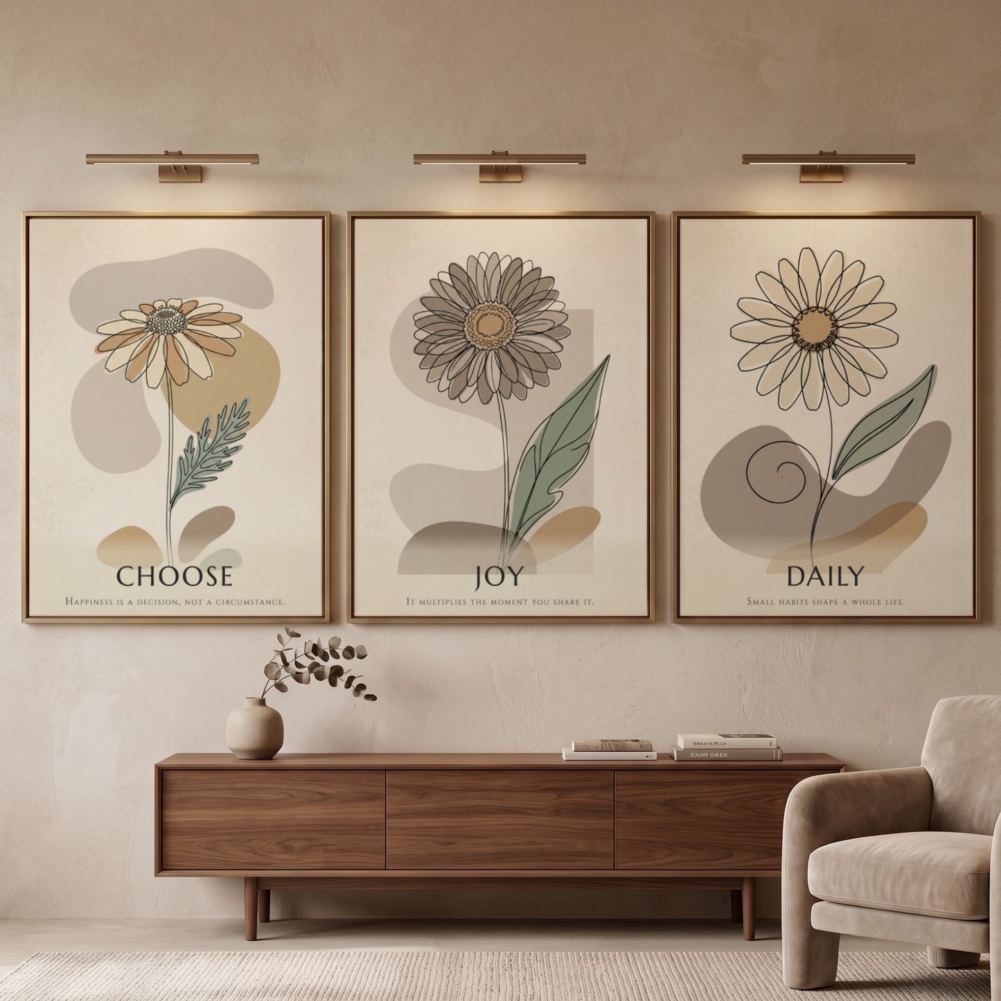 Poster set featuring three floral botanical illustrations with Choose Joy Daily text overlays