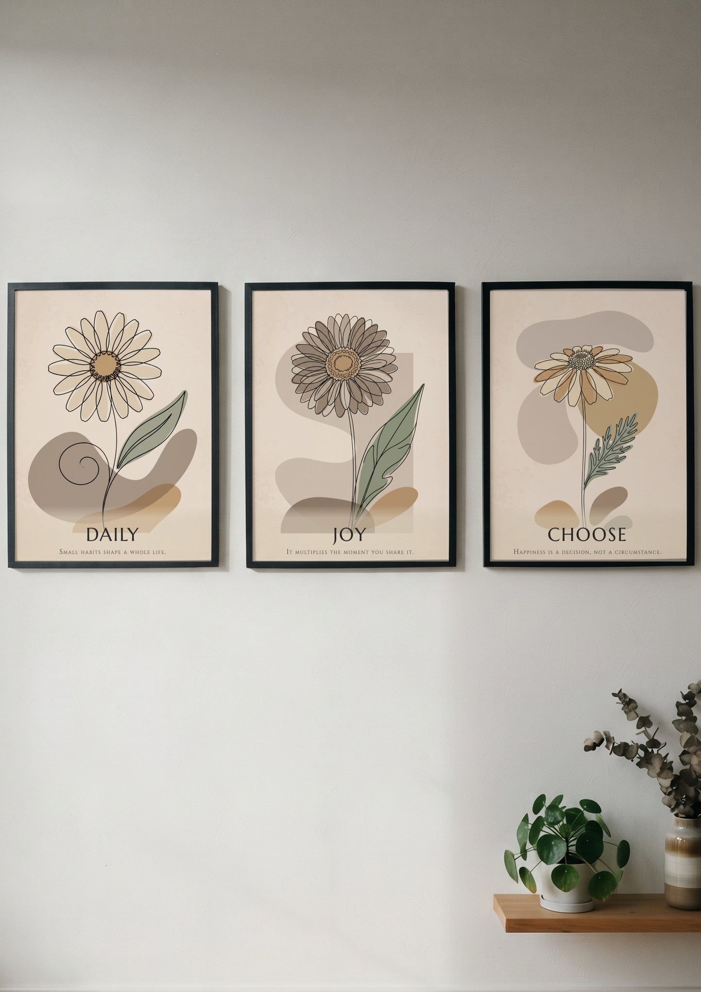 Poster set featuring three floral botanical illustrations with Choose Joy Daily text overlays