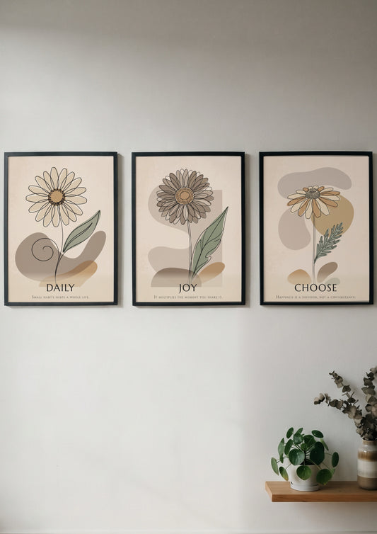Poster set featuring three floral botanical illustrations with Choose Joy Daily text overlays