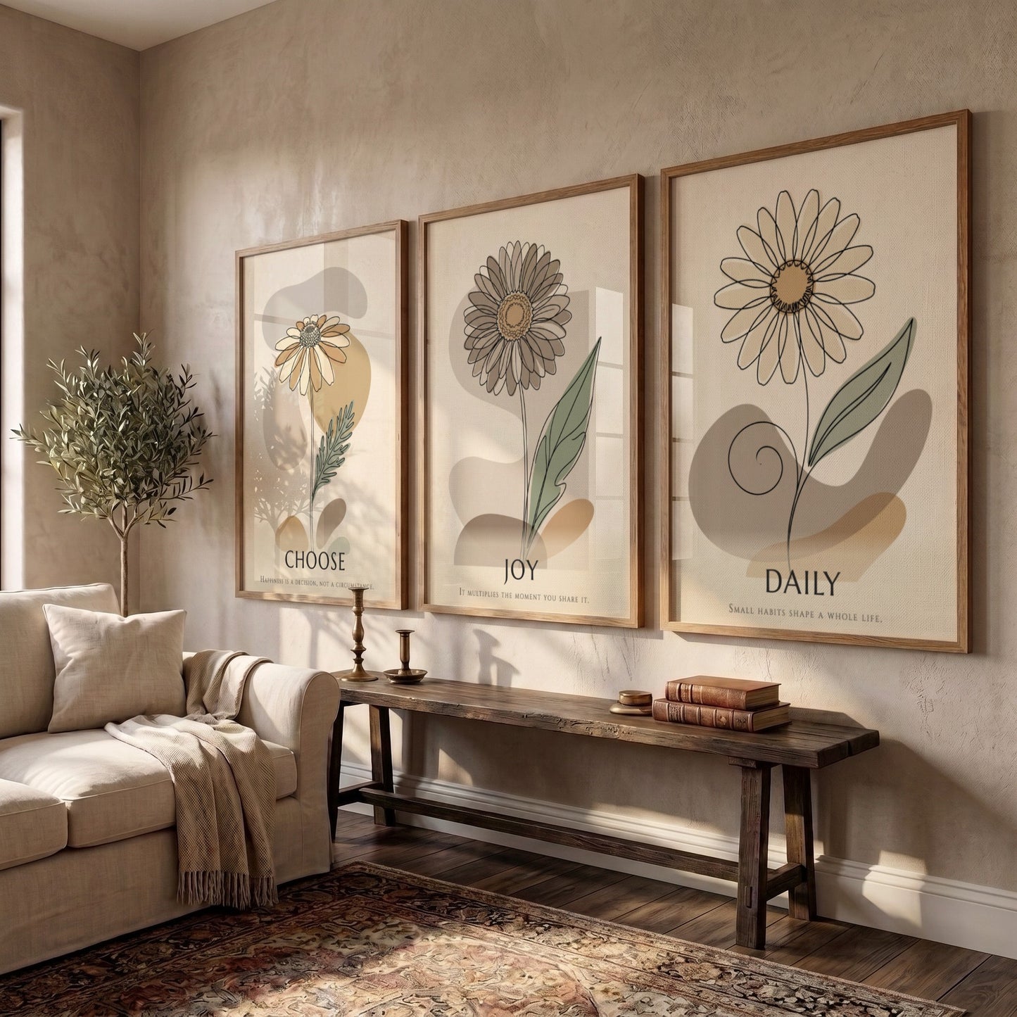 Poster set featuring three floral botanical illustrations with Choose Joy Daily text overlays