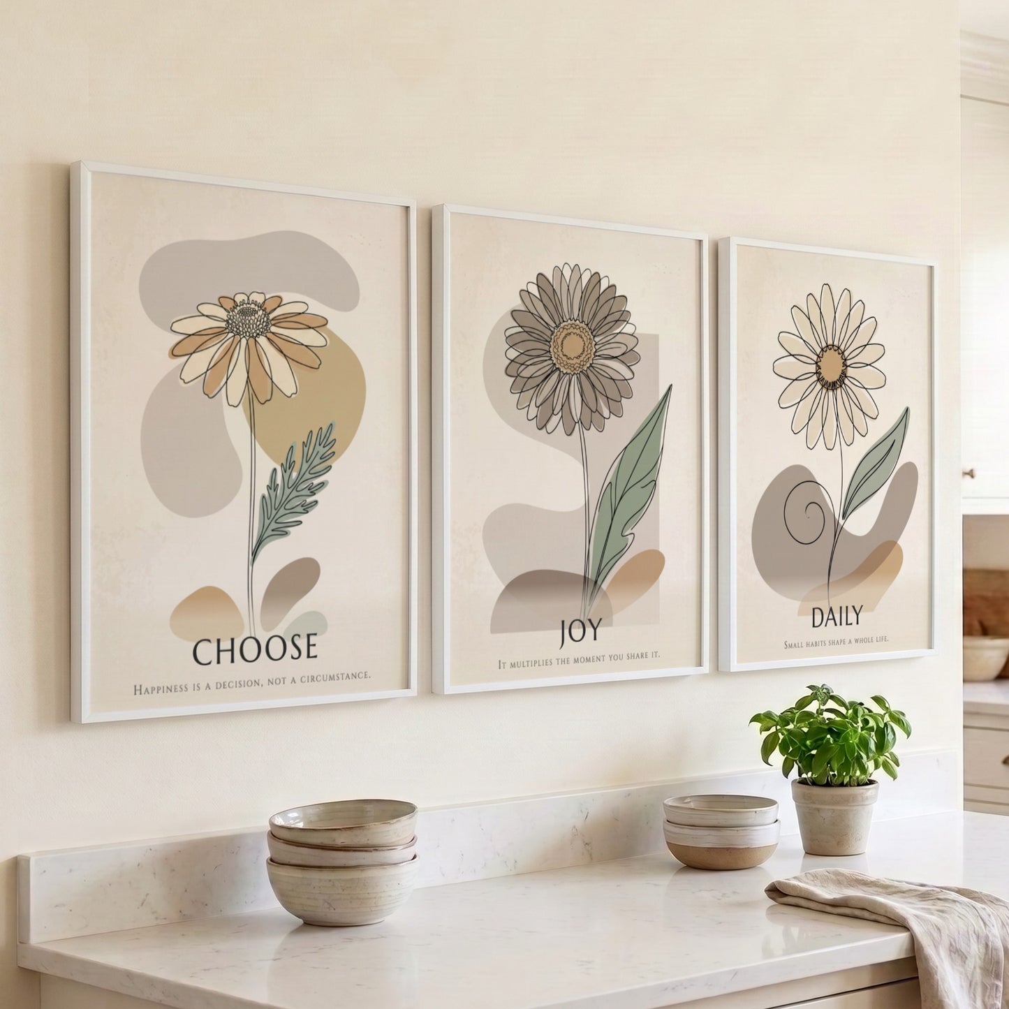Poster set featuring three floral botanical illustrations with Choose Joy Daily text overlays