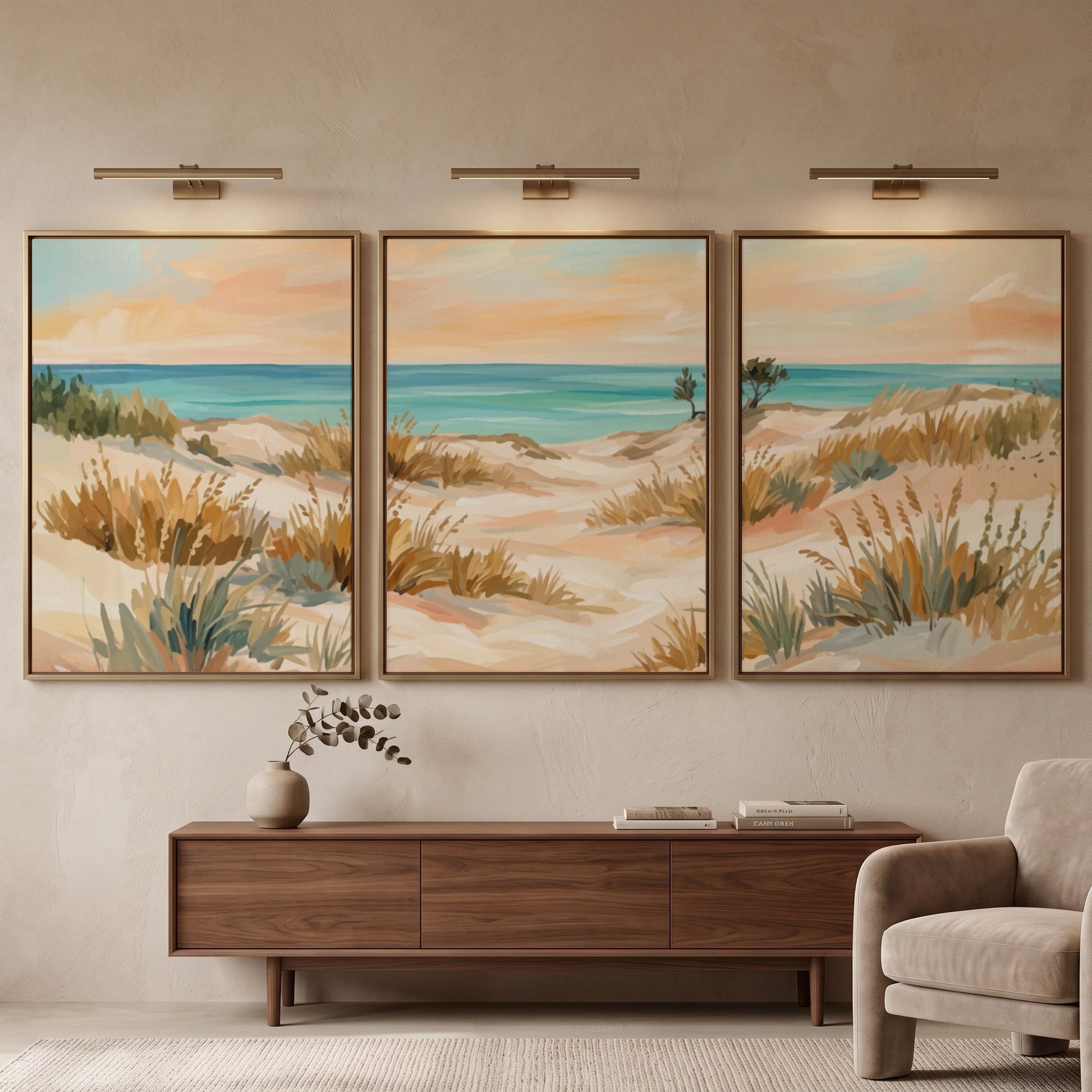 Triptych coastal landscape wall decor featuring sandy dunes and grasses in soft beach tones