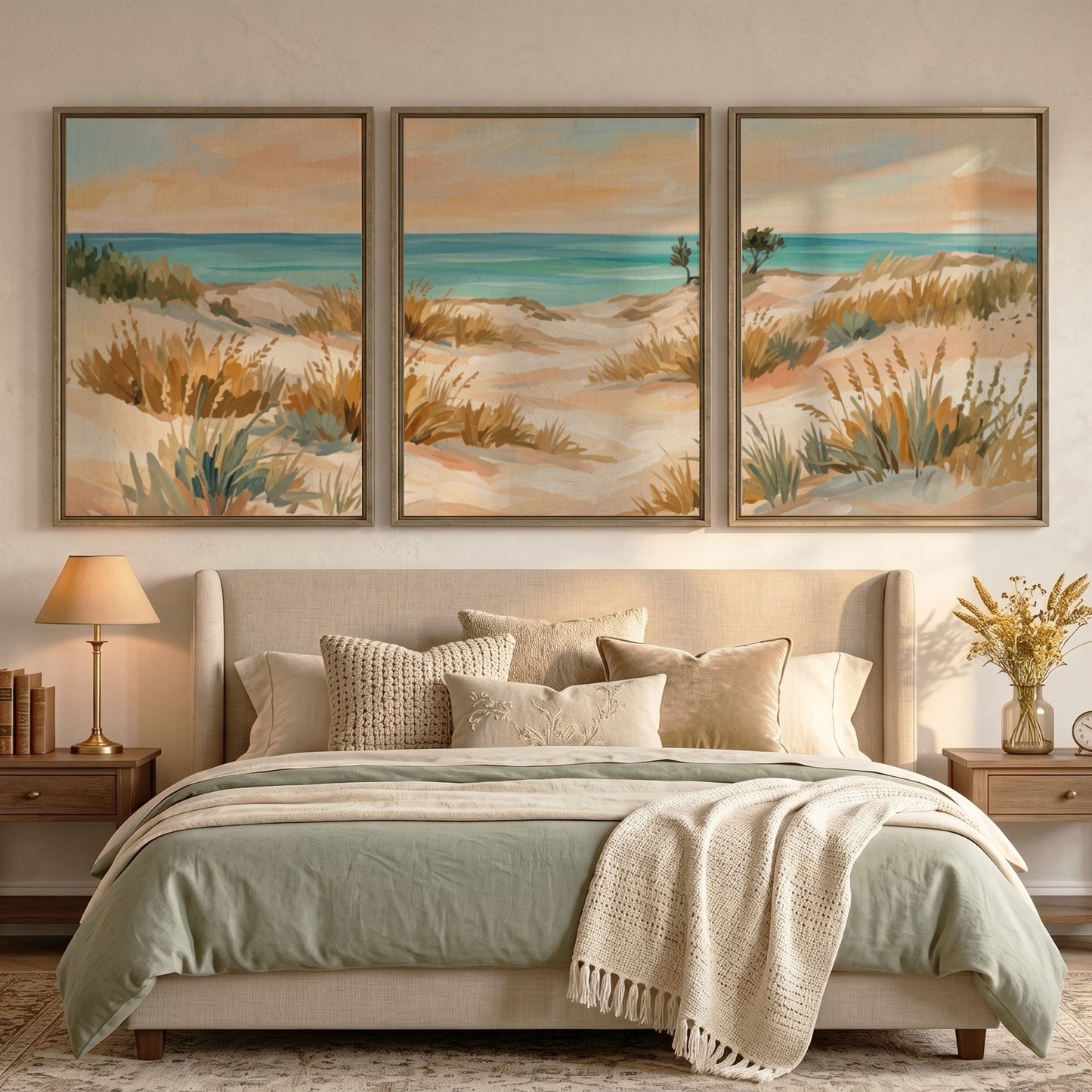 Triptych coastal landscape wall decor featuring sandy dunes and grasses in soft beach tones