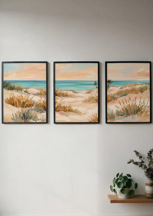 Triptych coastal landscape wall decor featuring sandy dunes and grasses in soft beach tones