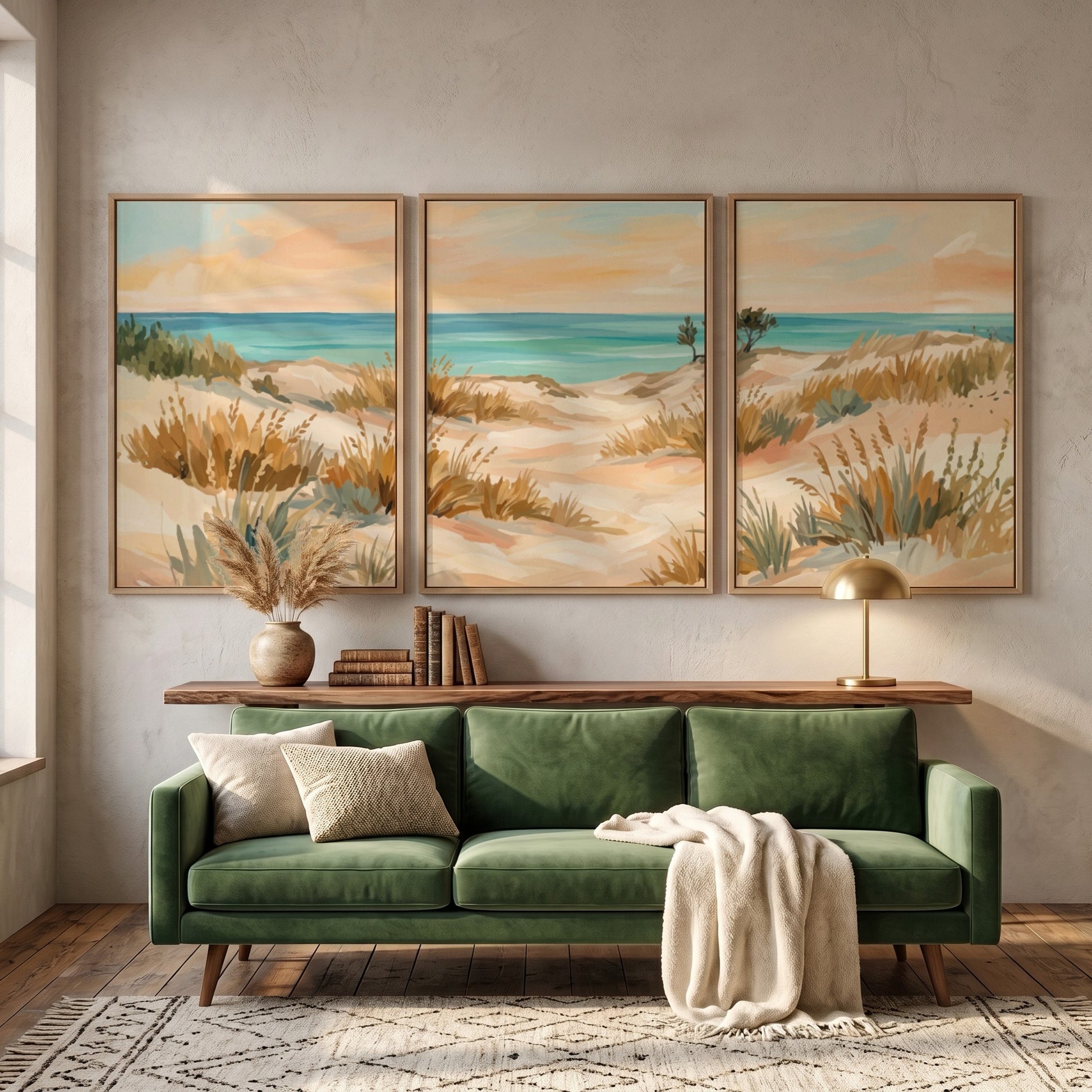 Triptych coastal landscape wall decor featuring sandy dunes and grasses in soft beach tones