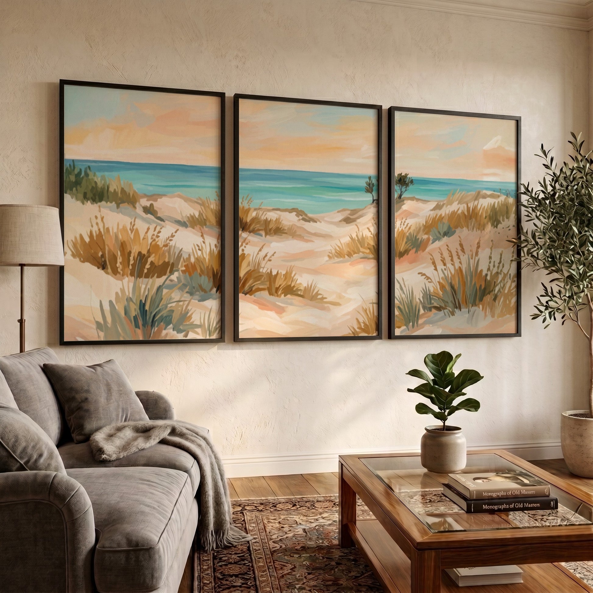Triptych coastal landscape wall decor featuring sandy dunes and grasses in soft beach tones