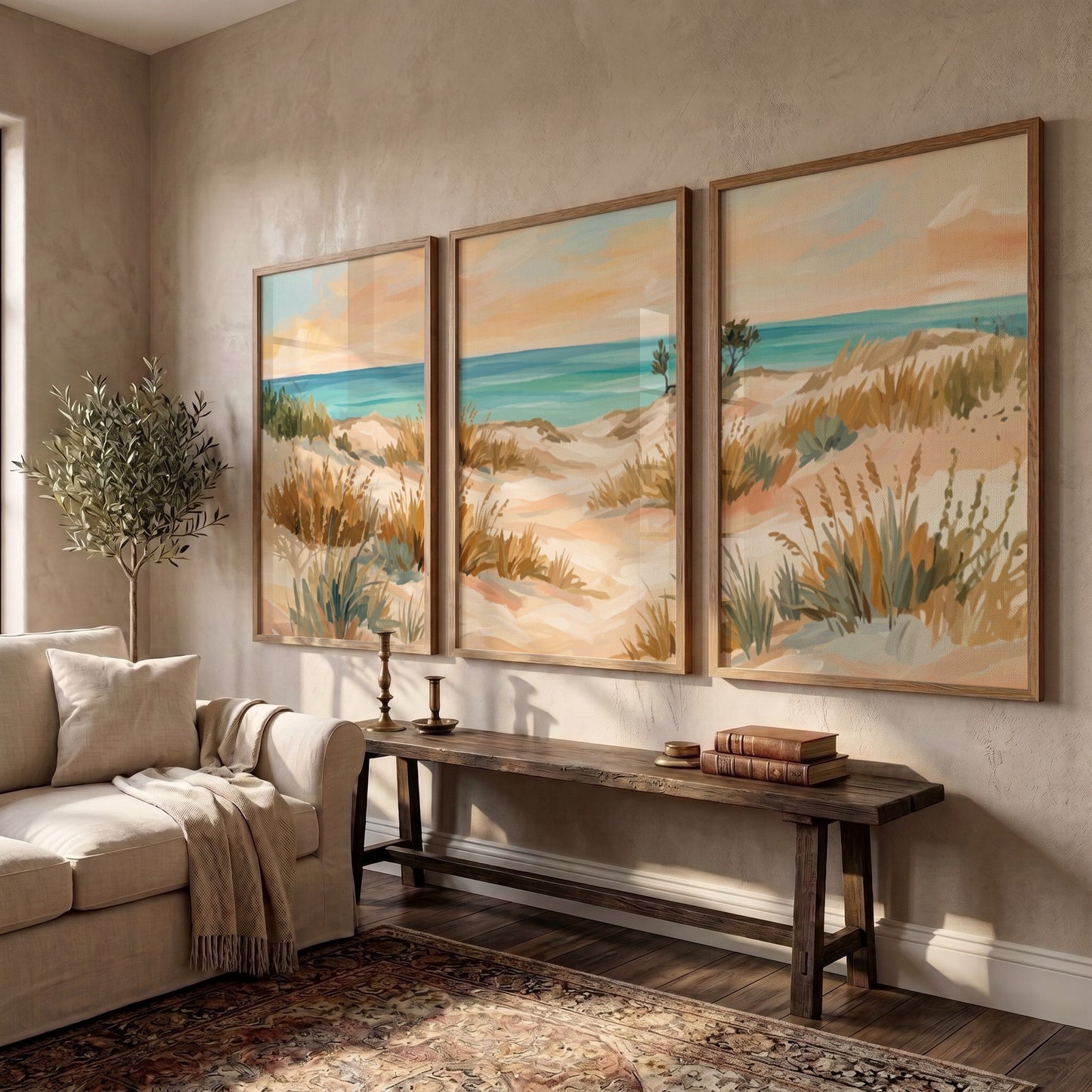Triptych coastal landscape wall decor featuring sandy dunes and grasses in soft beach tones