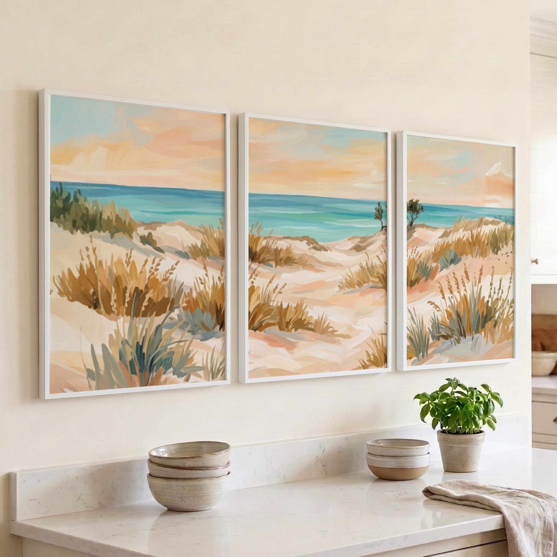 Triptych coastal landscape wall decor featuring sandy dunes and grasses in soft beach tones