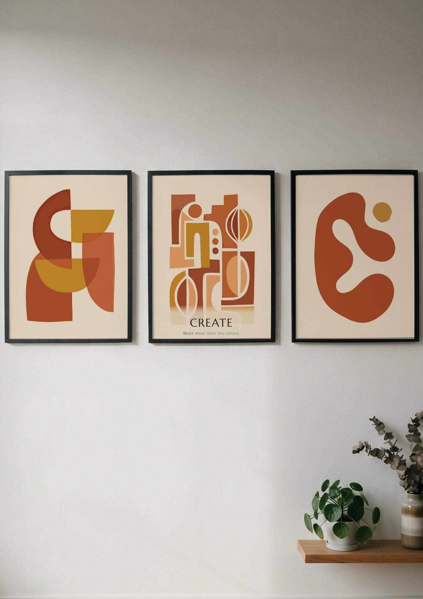 Poster set featuring three abstract geometric designs in warm terracotta and ochre tones.