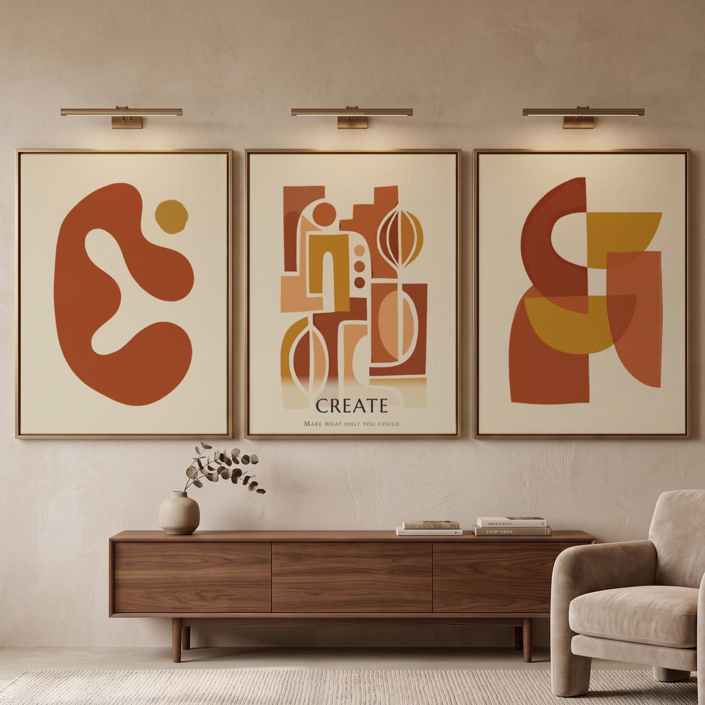 Poster set featuring three abstract geometric designs in warm terracotta and ochre tones.