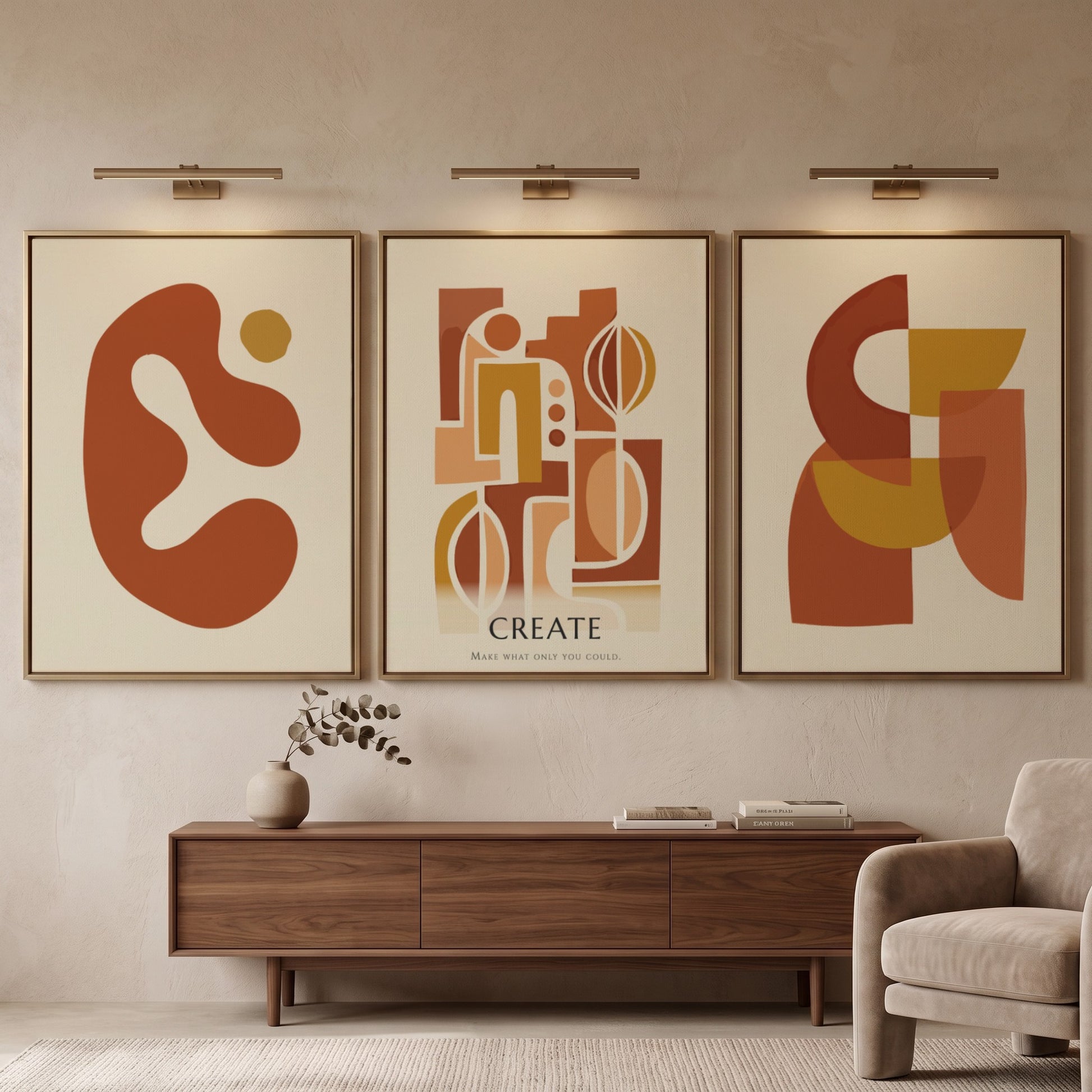 Poster set featuring three abstract geometric designs in warm terracotta and ochre tones.