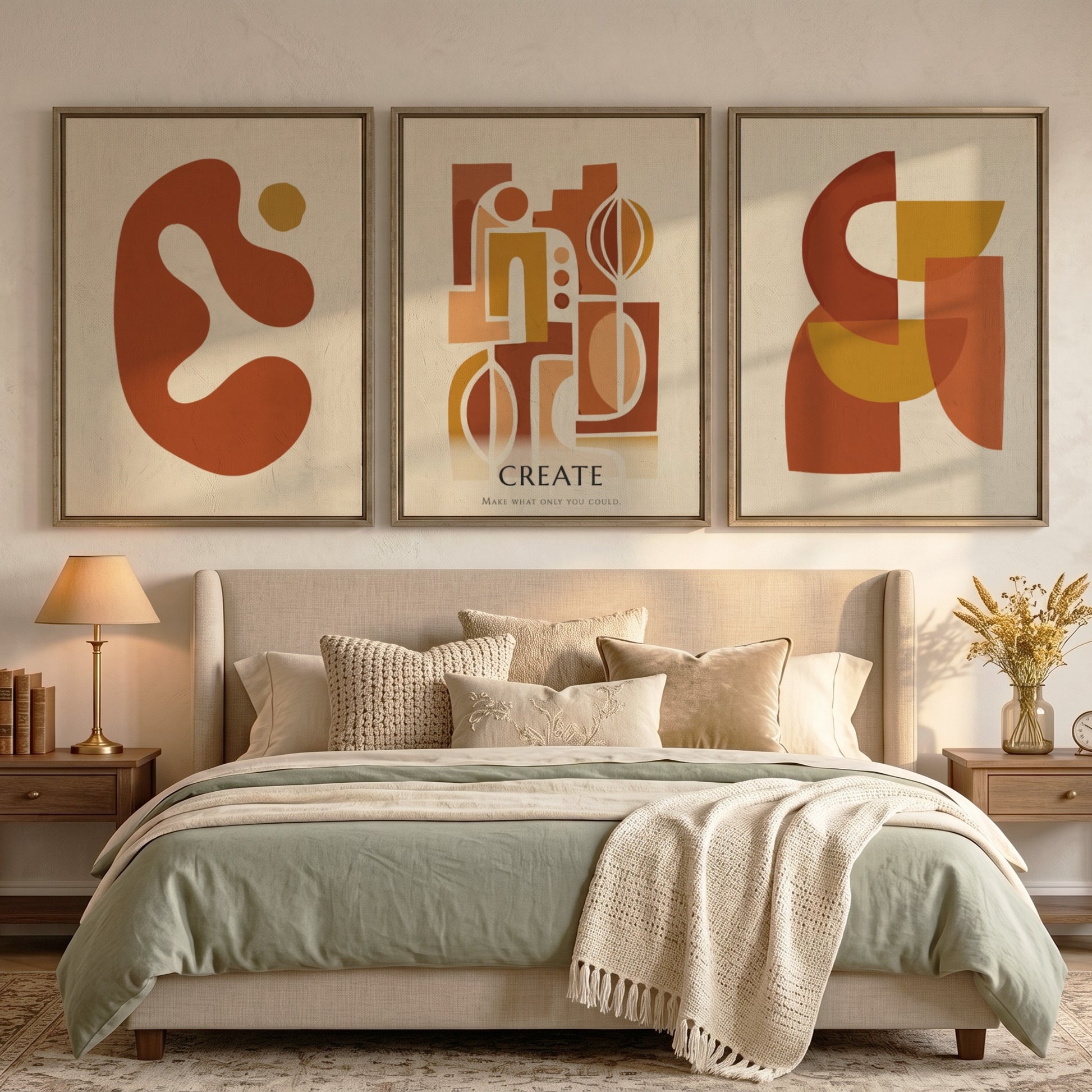 Poster set featuring three abstract geometric designs in warm terracotta and ochre tones.