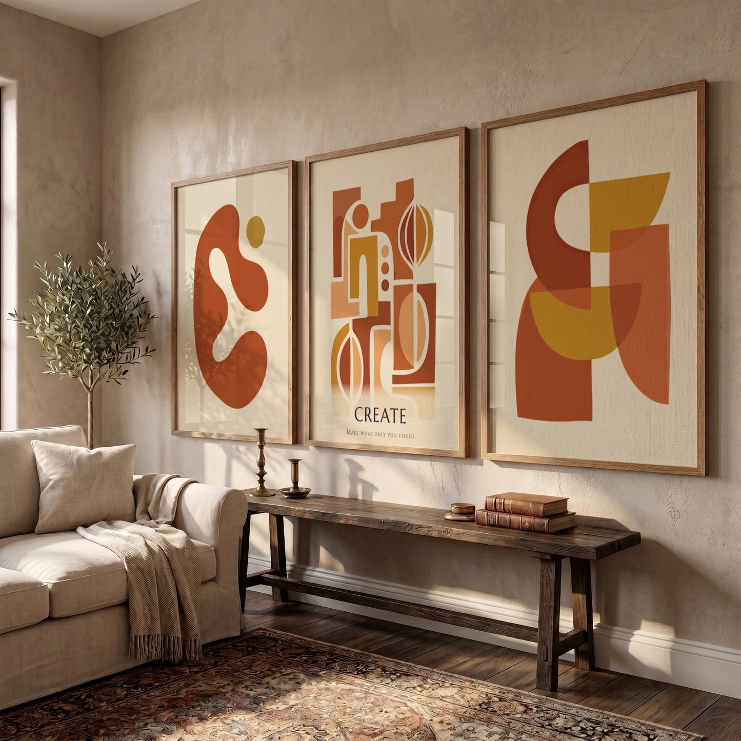 Poster set featuring three abstract geometric designs in warm terracotta and ochre tones.