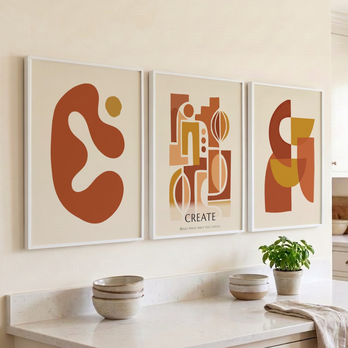 Poster set featuring three abstract geometric designs in warm terracotta and ochre tones.